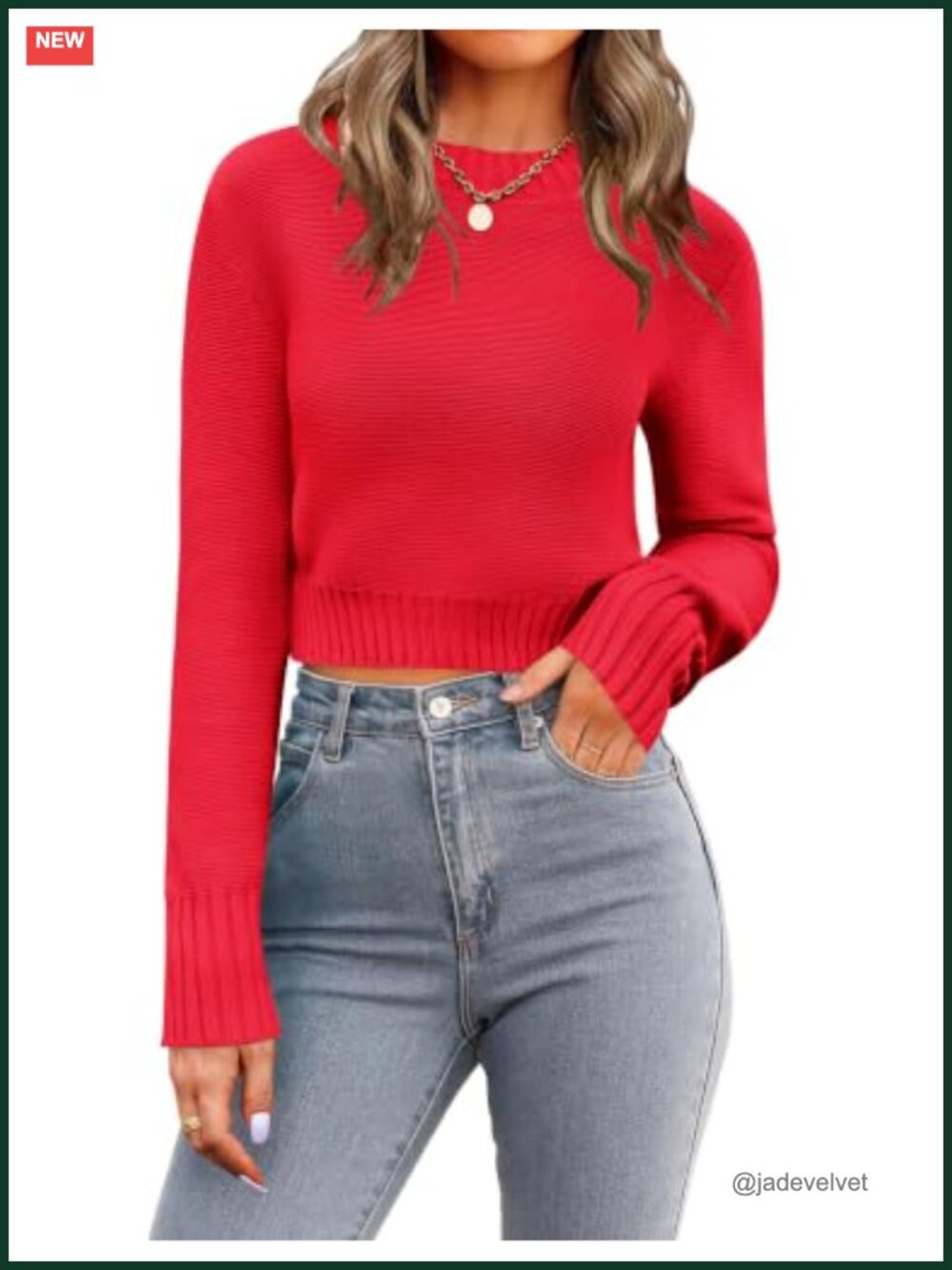 Women's Cropped Crew Neck Sweater Long Sleeve Knit Pullover